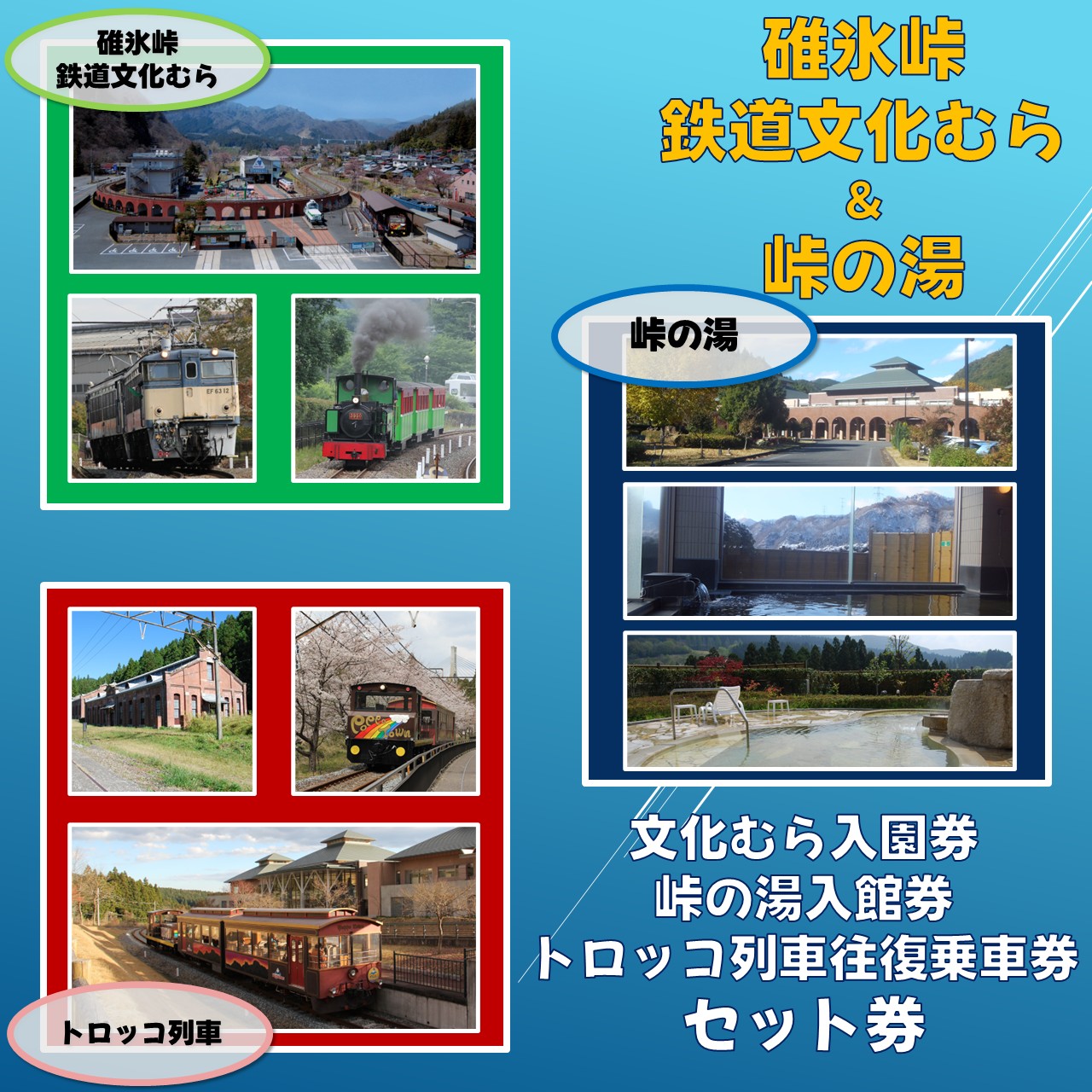鉄道文化むら＆トロッコ列車往復 + 峠の湯(3時間)　セット券 鉄道文化むら＆トロッコ列車往復 + 峠の湯(3時間)　セット券