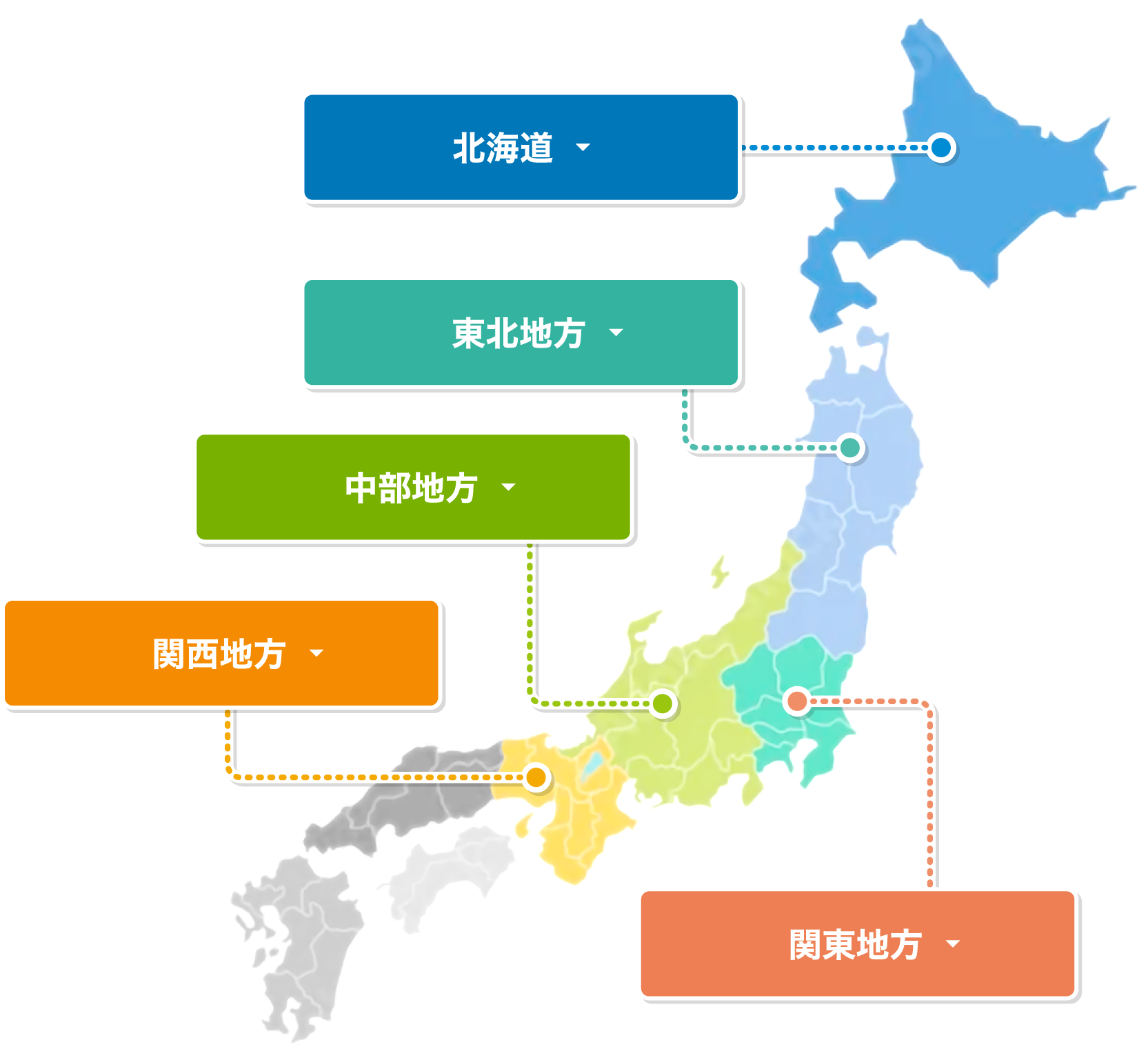 北海道、東北地方、中部地方、関西地方、関東地方から選べる日本地図